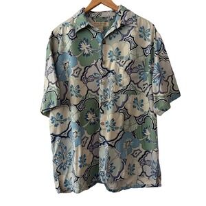 Island Republic Mens XL Blue Floral Hibiscus 100% Silk Short Sleeve Camp Shirt